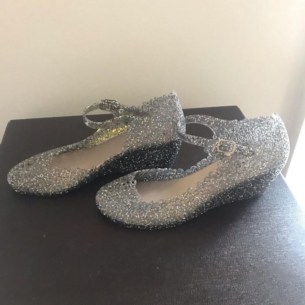 Black/Grey Jelly wedges with multi-color sparkles